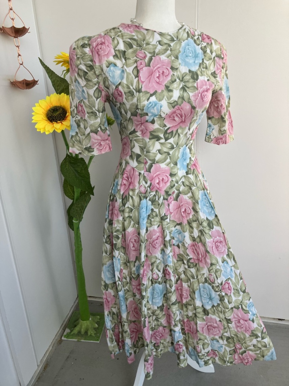 Vintage 80s 90s Puff Sleeve Pink and Blue Floral Rose Spring Midi Dress
